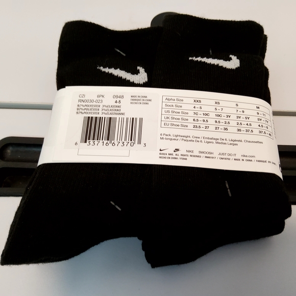 Nike Boys Black 6 Pairs Crew Socks Dri Fit XXS 7C-10C RN0030 023 New With Tags - Picture 2 of 4